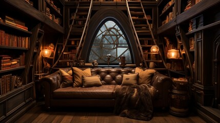 Obraz na płótnie Canvas A cozy den with built-in bookshelves and a hidden bar