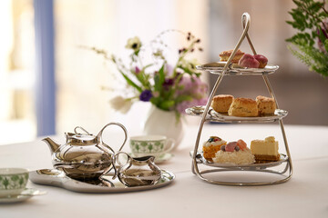 English Afternoon Tea Silverware With Cakes - obrazy, fototapety, plakaty