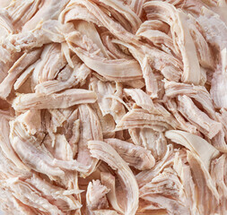 Boiled shredded chicken textured, close up.