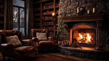 A cozy nook with a fireplace and leather armchairs