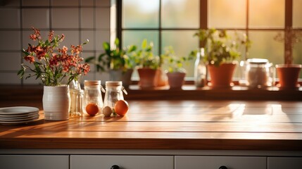 Fototapeta na wymiar A modern Kitchen table background. Empty wooden desk.