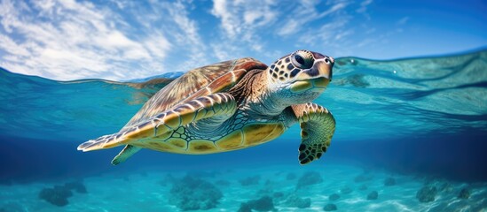 Endangered coral reef species Cute sea turtle swimming in tropical waters With copyspace for text