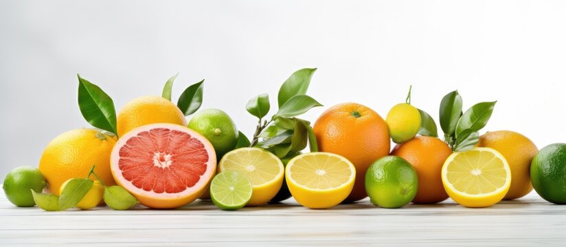 Assorted citrus fruits tangerines lemons limes oranges grapefruits on table picture With copyspace for text
