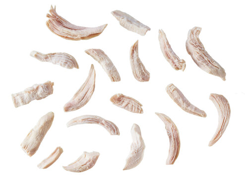 Boiled shredded chicken meat isolated on a white background.