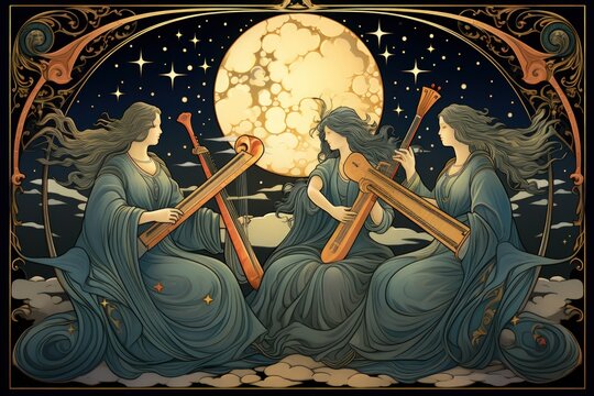 Celestial harpists, playing melodies that resonate through the heavens - Generative AI