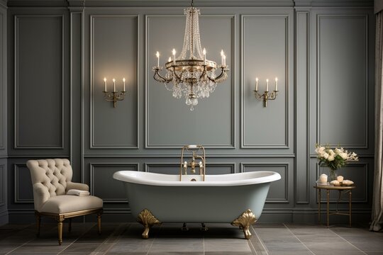 Elegant vintage-inspired gray bathroom with ornate wall moldings, a brass tub, and a decorative chandelier. Generative AI