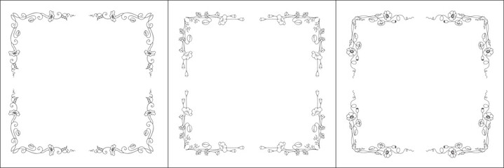 Set of three vector frames with poppy flowers. Elegant black and white monochrome ornamental corners. Vector frame for all sizes and formats. Isolated vector illustration.