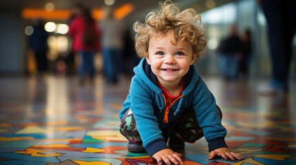 3 year old Caucasian boy playing on the colorful patterned floor in a public place. His mood is happy. Image with warm and pleasant tones.