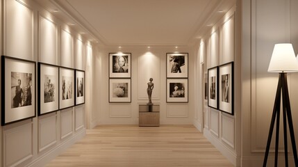 A curated gallery wall in a neutral-toned hallway with recessed lighting