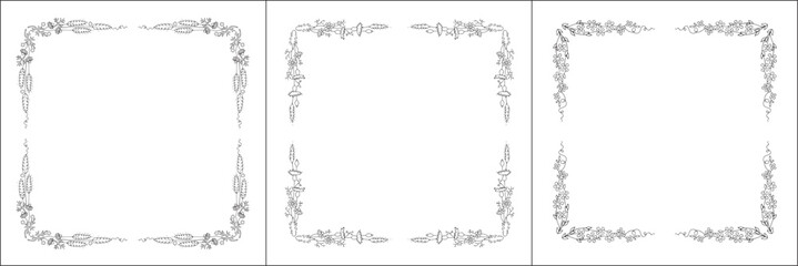 Set of three vector frames with field flowers. Elegant black and white monochrome ornamental corners. Vector frame for all sizes and formats. Isolated vector illustration.