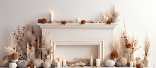 Fototapeta na wymiar Fall home decoration for Thanksgiving white fireplace with macrame pumpkins pine cones and wheat bouquet With copyspace for text