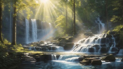 waterfall in the forest with sunrays - obrazy, fototapety, plakaty