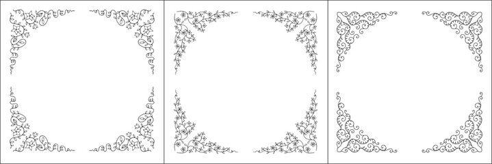 Set of three round frames with curls and flowers. Elegant black and white monochrome ornamental corners. Vector frame for all sizes and formats. Isolated vector illustration.