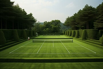 A tennis court made of grass. Generative AI - obrazy, fototapety, plakaty