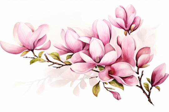 Watercolor drawing of magnolia flowers on white background, floral clipart. Generative AI