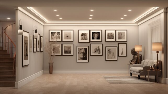 A curated gallery wall in a neutral-toned hallway with recessed lighting