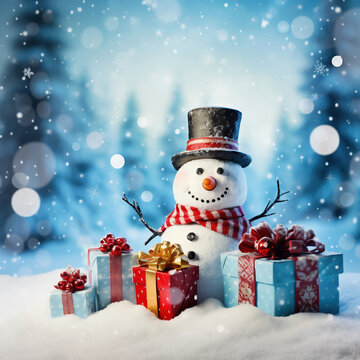 Snowman with gift boxes on snow in winter forest. Christmas background.