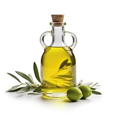 Olive oil in a vessel. Olives and lithiums nearby