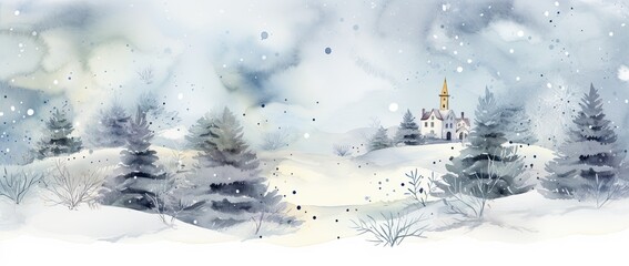 Beautiful winter landscape. Christmas holiday background. Abstract watercolor art.