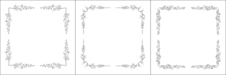 Set of three vector frames with flowers. Elegant black and white monochrome ornamental corners. Vector frame for all sizes and formats. Isolated vector illustration.