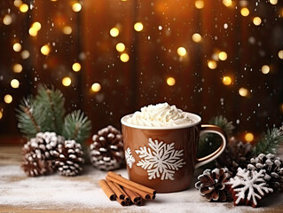 Obraz na płótnie Canvas Christmas cup of cocoa or latte coffee with whipped cream and cinnamon on a snowy wooden table with fir cones and branches. Free space for product placement or advertising text.