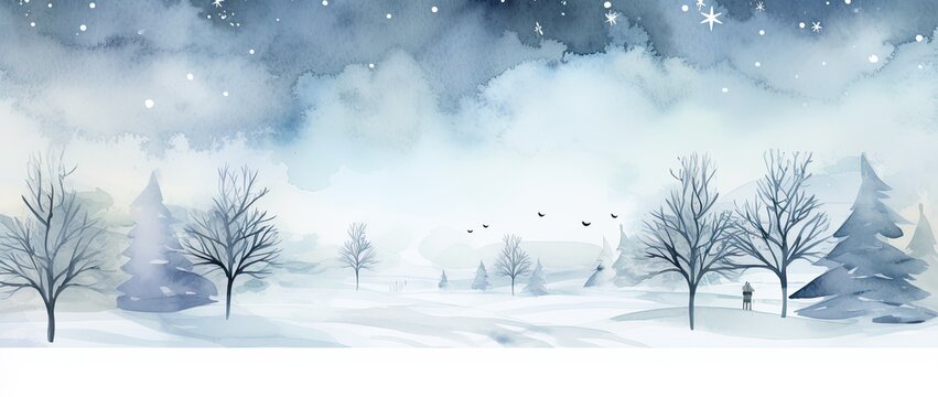 Beautiful winter landscape. Christmas holiday background. Abstract watercolor art.