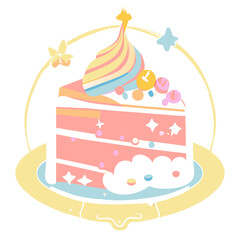 Birthday cake vector isolated icon with candles illustration Pastel Birthday cake Piece Decoration soft emoticon design element modern flat art