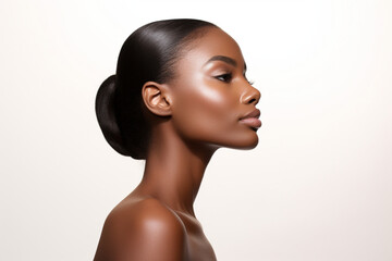 Black woman, facial profile and beauty in studio, isolated white background and mockup, Female model, face side and dermatology for skincare, aesthetic makeup and natural cosmetics for salon wellness