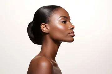 Foto op Aluminium Black woman, facial profile and beauty in studio, isolated white background and mockup, Female model, face side and dermatology for skincare, aesthetic makeup and natural cosmetics for salon wellness © alisaaa
