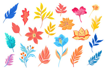 Set of colorful leaves and flowers. Vector elements for decorative floral design. Isolated objects on white background.