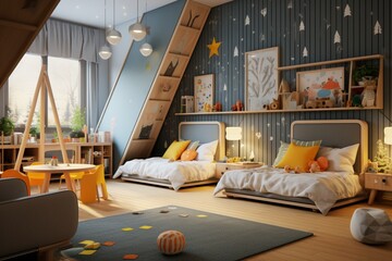 Conceptualize a gender-neutral and stylish shared kids' bedroom