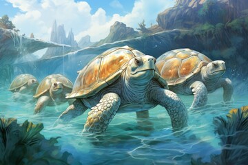 Ancient sea turtles, carrying entire ecosystems on their colossal shells - Generative AI - obrazy, fototapety, plakaty