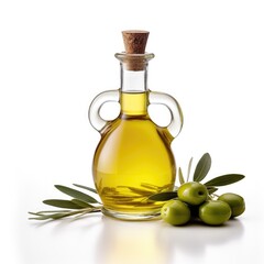 Olive oil in a vessel. Olives and lithiums nearby