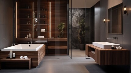 A designer bathroom with a mix of natural wood and elegant finishes