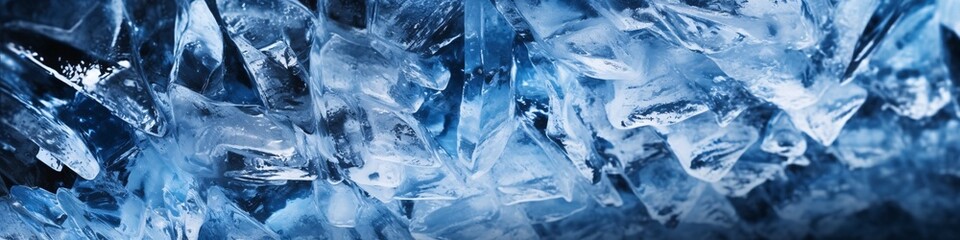 Macro shot of ice cubes. Ice texture in blue tone.  Blue background. . Blue ice crystals close up. Macro shot. Abstract background and texture for design.