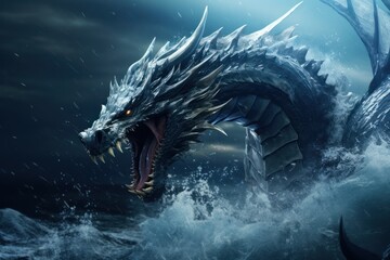 stylized illustration with huge powerful water dragon, ai tools generated image - obrazy, fototapety, plakaty