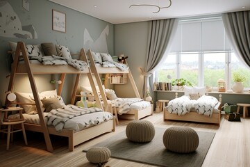 Conceptualize a gender-neutral and stylish shared kids' bedroom