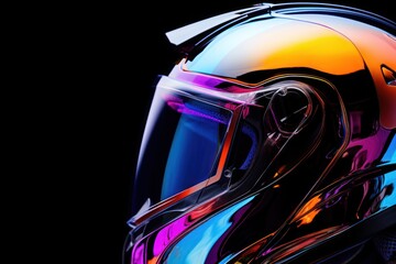 sportive motorcycle multicolored helmet close-up view isolated on black, ai tools generated image