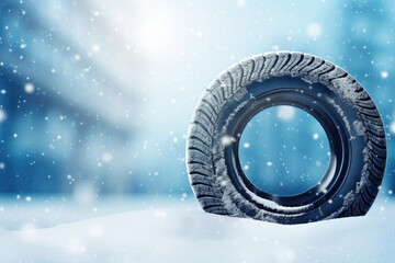 Car winter tires on snow with blurred city street background. Free space for product placement or advertising text. - obrazy, fototapety, plakaty