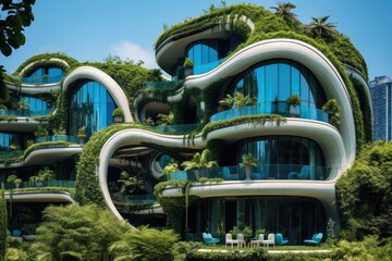 Modern buildings with vertical gardens. Environmental awareness and protection concept.
