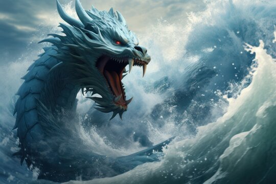 stylized illustration with huge powerful water dragon, ai tools generated image