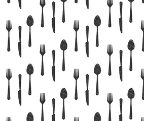 Seamless pattern Set of silhouettes kitchen tools fork spoon knife for cutting culinary banner with place for your text vector illustration isolated on white background