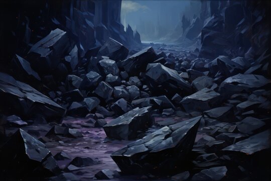 dark and gloomy mountain gorge with stones on the foreground, ai tools generated image