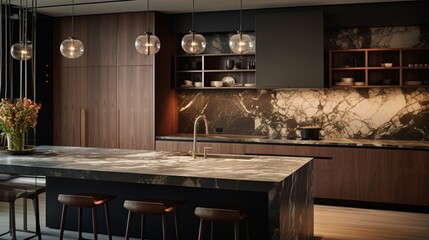 A designer kitchen with a marble backsplash and custom cabinetry