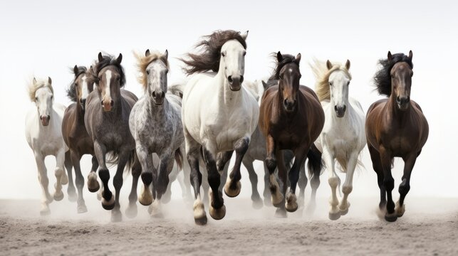 A wild herd of horses gallops towards the camera head-on in a pack, white background