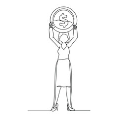 Continuous single line sketch drawing art of business woman with big money coin. Vector illustration one line of loss dollar coins money