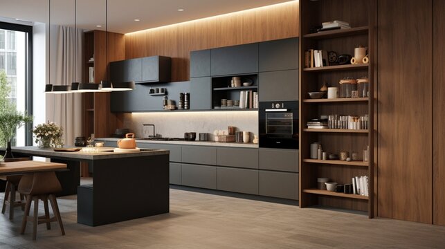 A Designer Kitchen With A Mix Of Open Shelving And Closed Cabinets