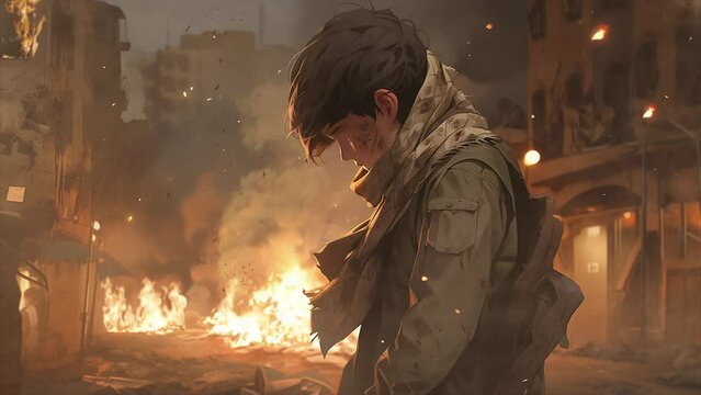A child in a war-torn city architecture, conflict in middle east, loop animation
