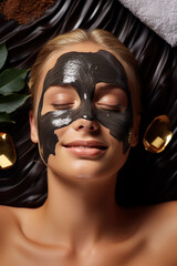 Beautiful blond woman receiving facial and massage with black face mask at luxury spa for relaxation in the top view