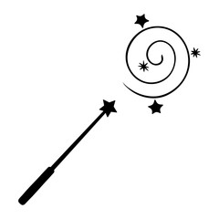 Rotate with a magic wand. Silhouette. A wand with a star on the end twists fairy dust into a spiral. A tool to create a wonderful atmosphere. Vector illustration. Isolated background. 